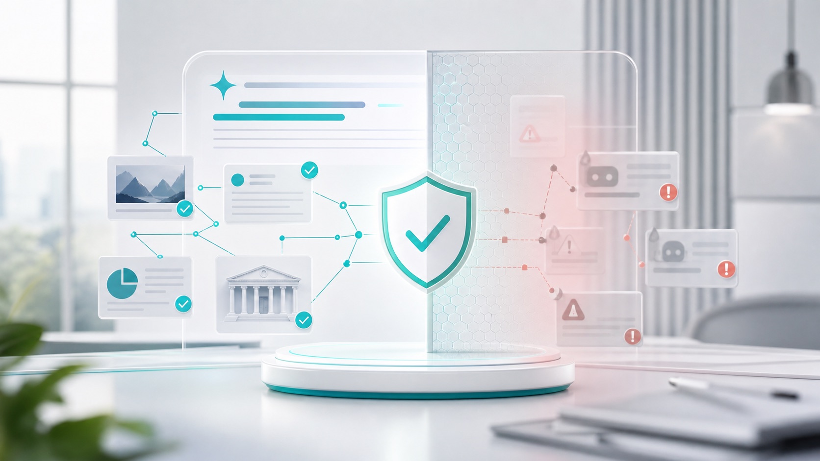 Editorial illustration of an AI answer interface separating trustworthy evidence from manipulation signals
