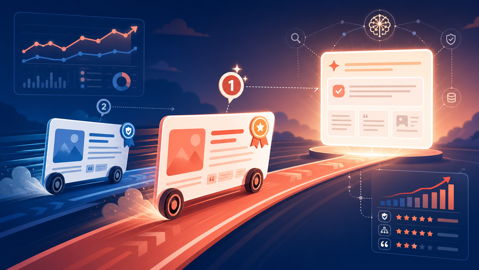Editorial illustration showing competing source cards racing toward an AI answer, with citation markers, analytics lines, and a highlighted winning source