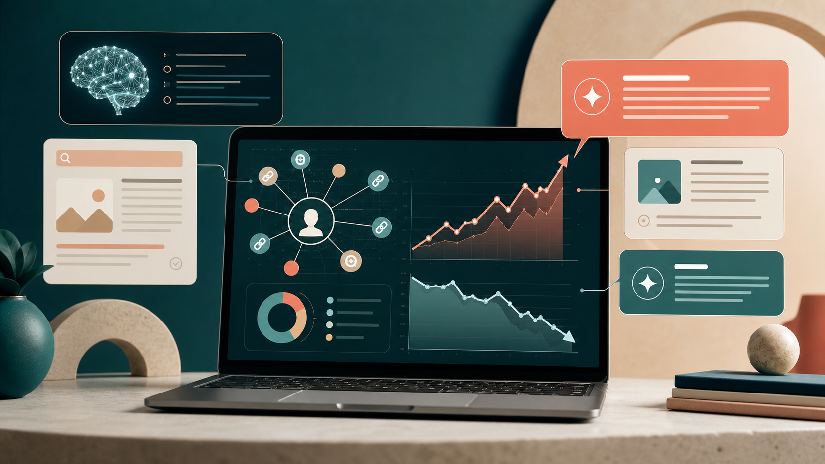 Editorial illustration with a laptop, analytics dashboards, citation nodes, and AI answer cards representing AEO, SEO, traffic, and visibility measurement