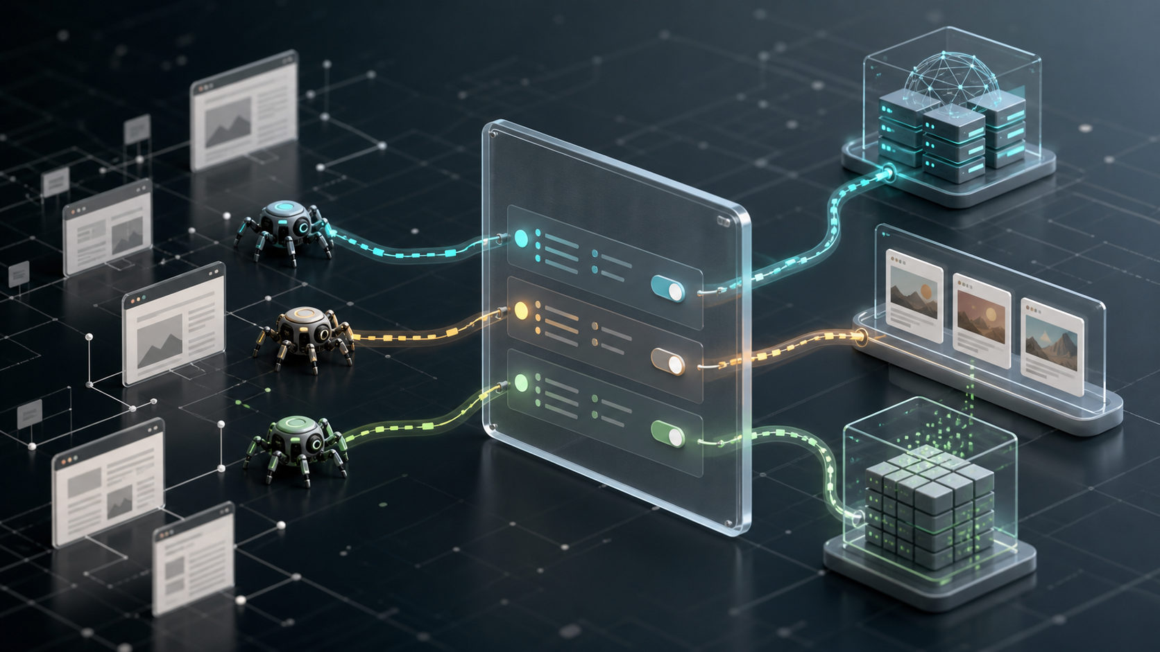 Editorial illustration of AI crawlers passing through access rules toward search retrieval, answer citations and model training systems
