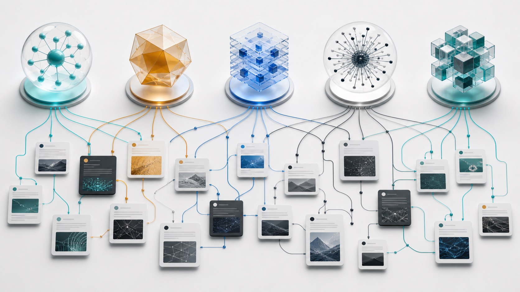 Editorial illustration of several AI answer engines connected to different citation source networks