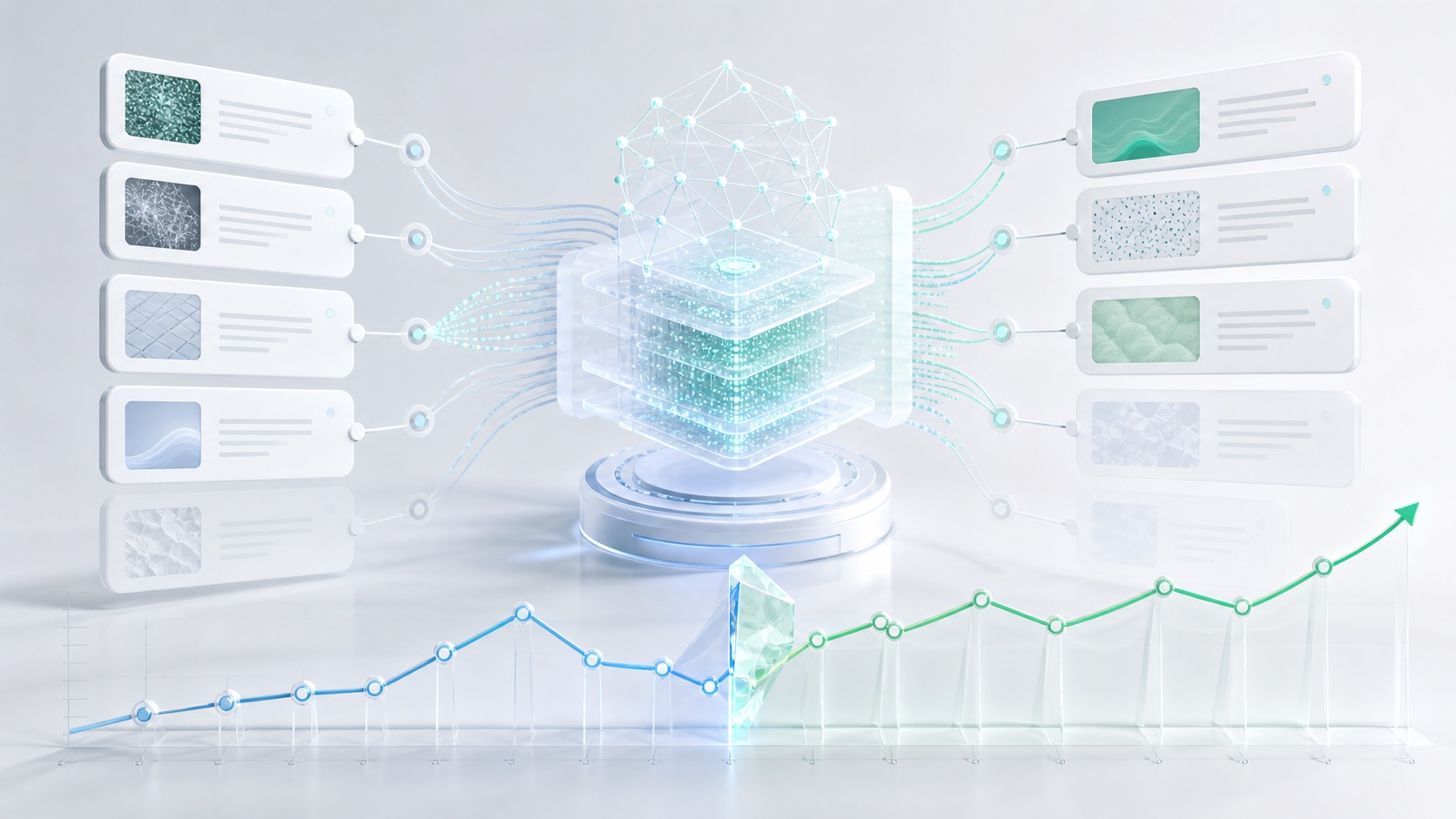 Abstract answer engine interface where an AI model update reorders source cards, citation nodes and an AI visibility trend line