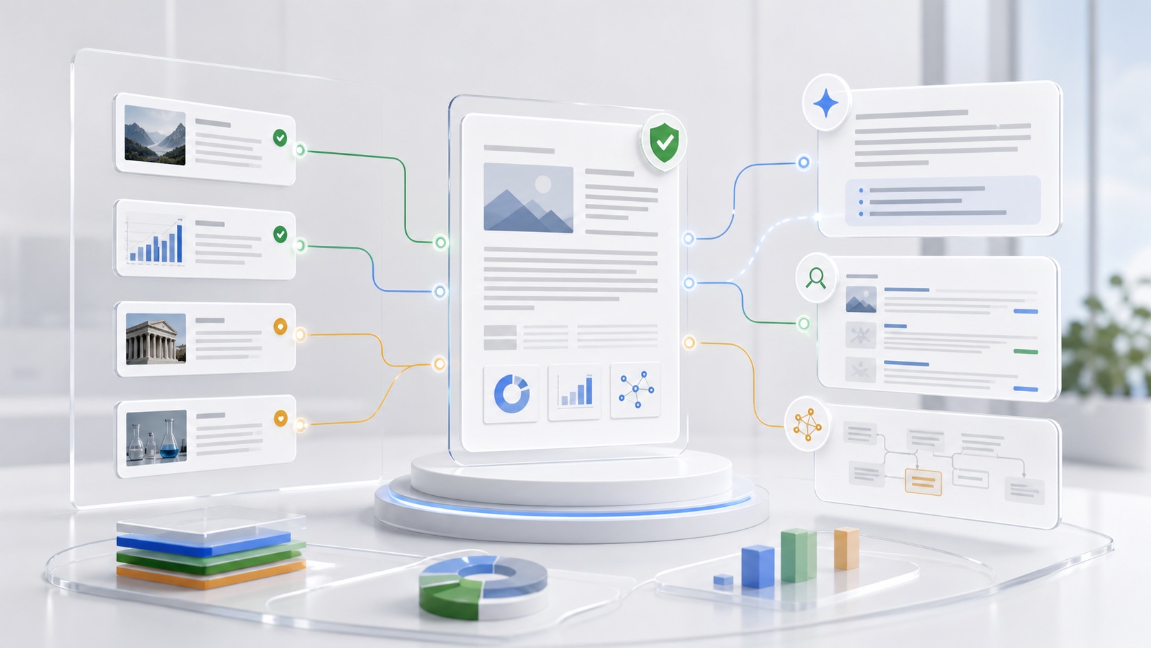 Editorial illustration of an evidence page connected to AI answer panels and citation paths