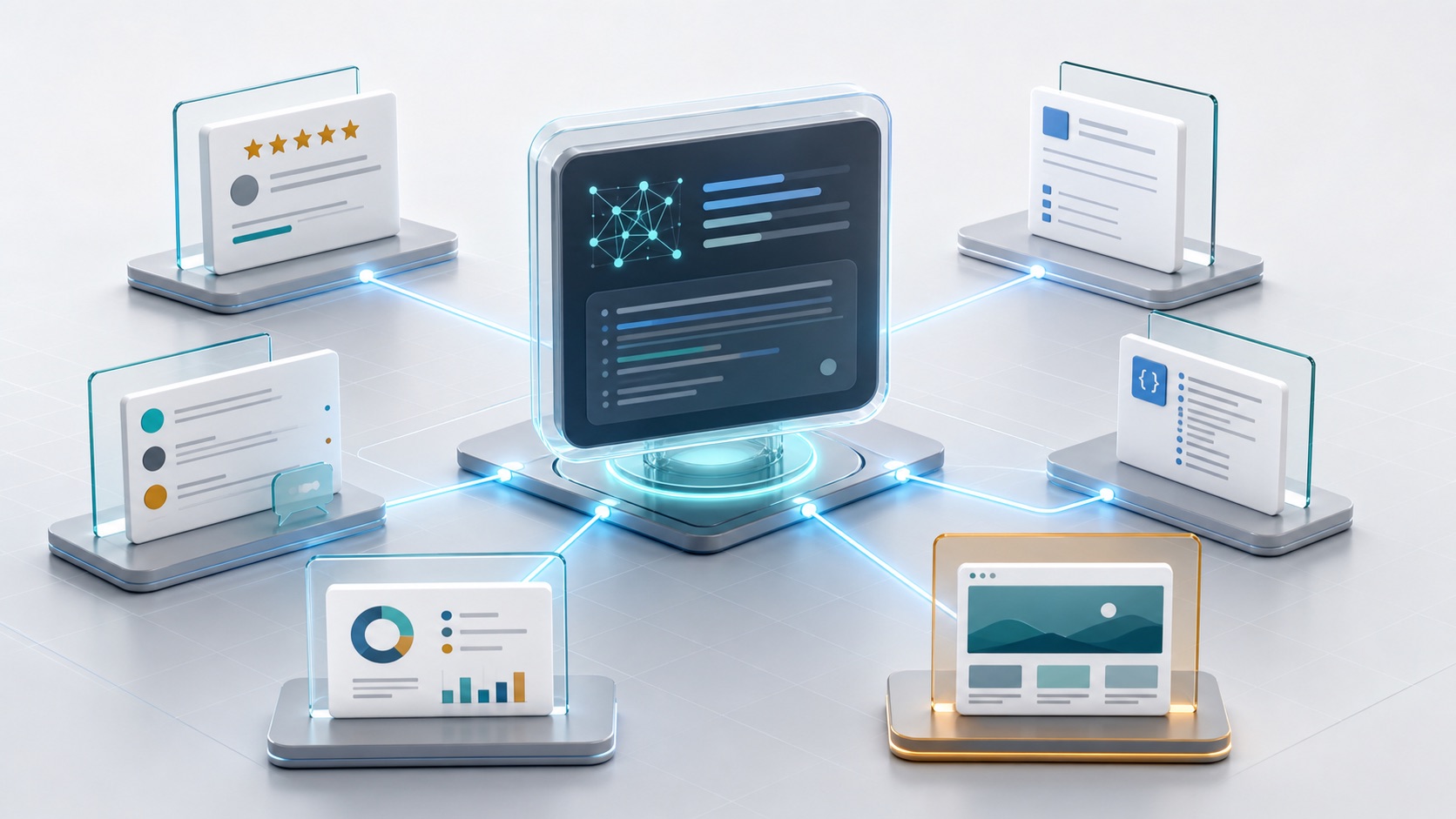 AI answer panel connected to multiple external evidence sources and an owned website