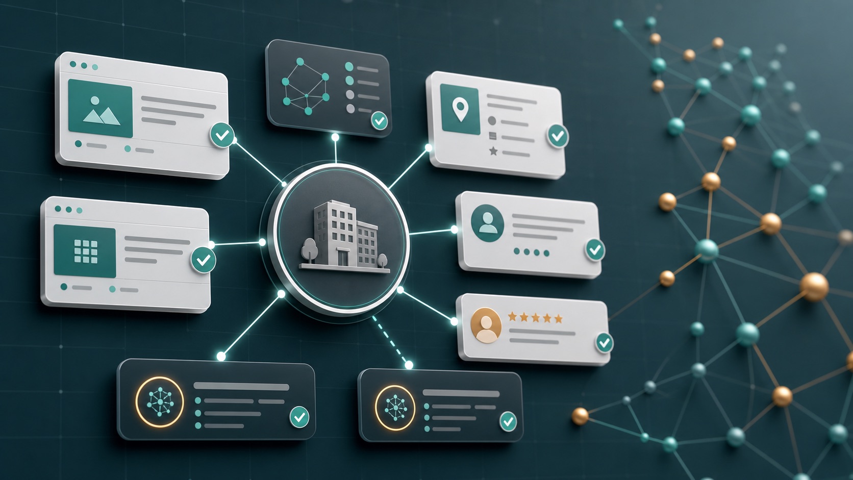Entity consistency audit board connecting a company profile with website, schema, review and AI answer source cards