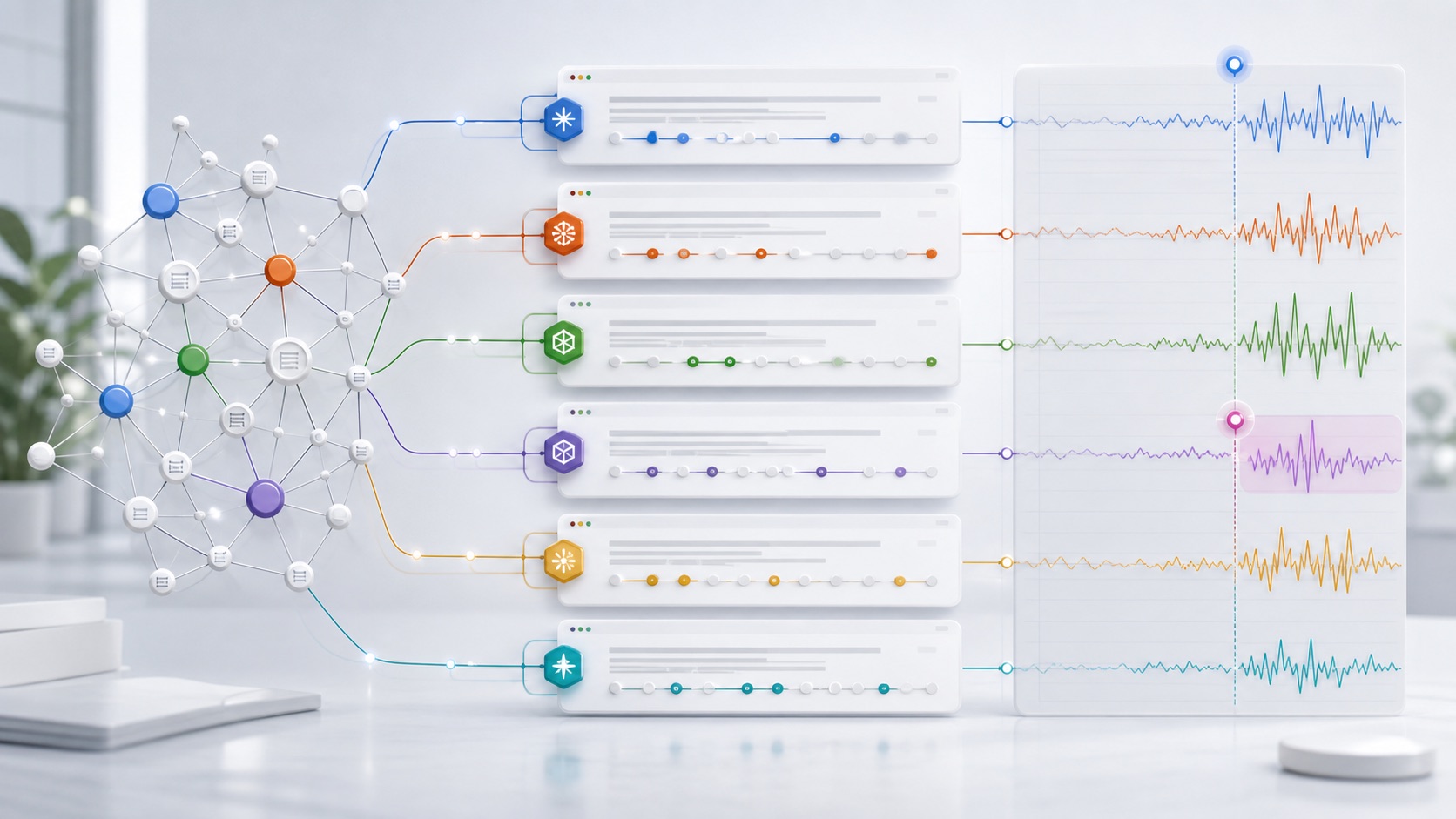 Source graph feeding different answer-engine citation panels with separate volatility lines