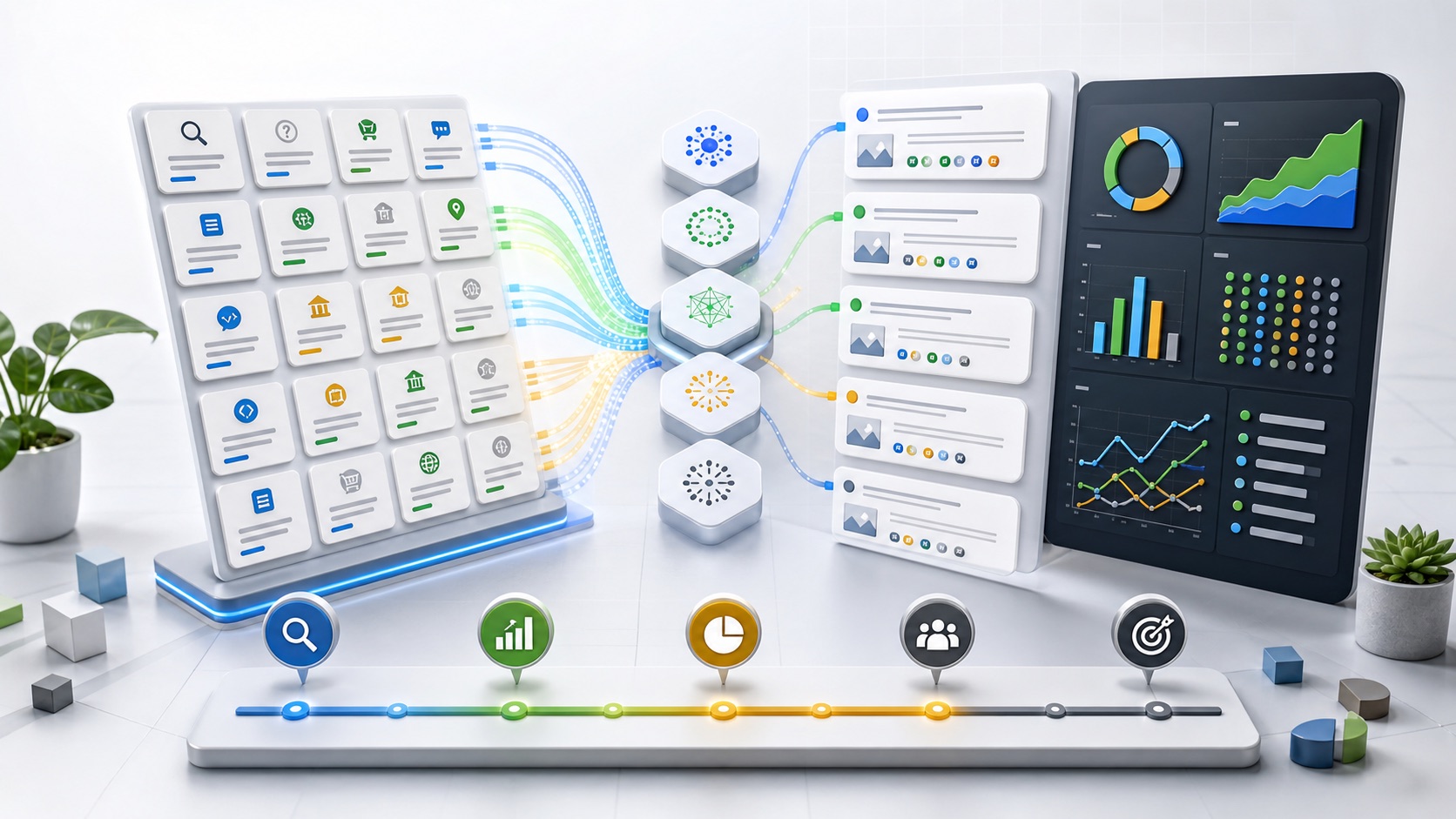 Editorial illustration of an AEO prompt portfolio flowing into AI answer engines, citation signals and competitor visibility dashboards