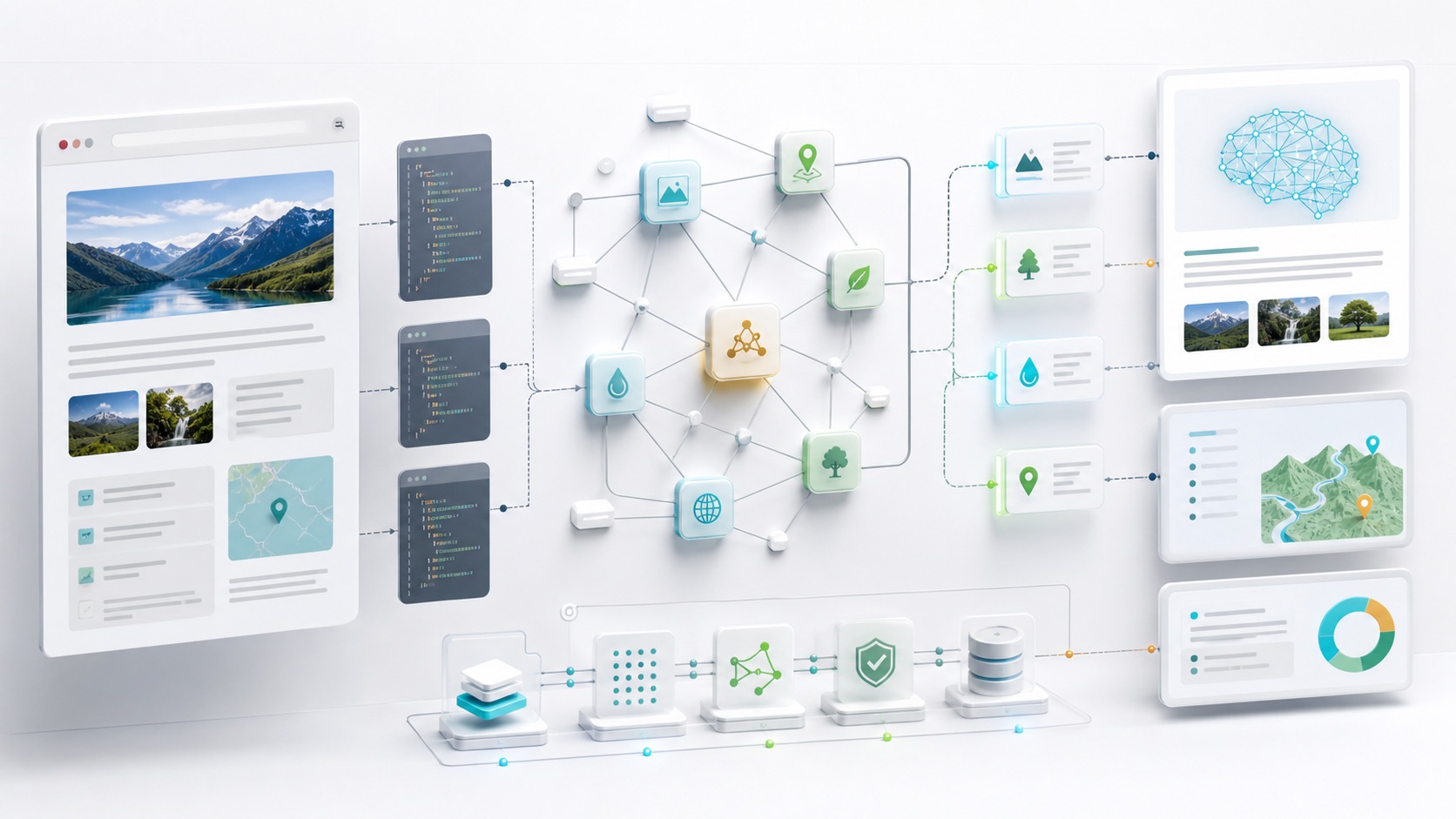 Editorial illustration of structured data, entity nodes and source graph signals flowing from a website into AI answer panels